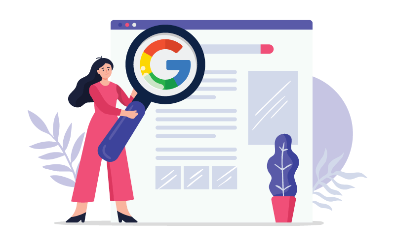 a picture of a girl holding a magnifying glass over a Google logo