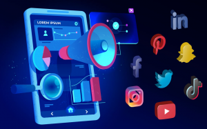 an image of a loudspeaker extending from a mobile screen that displays lorem ipsum text, a pie chart and a bar chart. A magnifying glass is focusing on a part of the mobile screen and social media icons are positioned in front of the loudspeaker to signify marketing