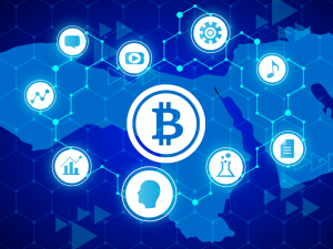 an image showing a central blockchain logo surrounded by various connected icons with a background of the world to represent a blockchain ecosystem