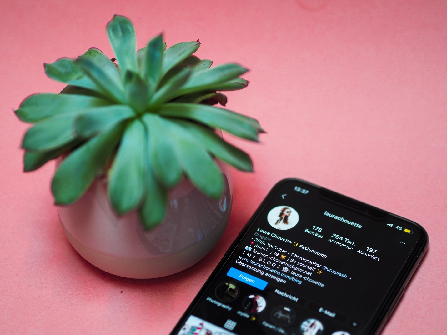 an image of a plant next to a mobile displaying the Instagram page of an influencer to signify influencer marketing