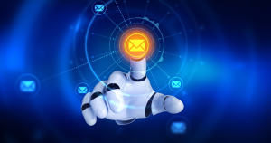 an image of a robot clicking an email icon to signify A.I. powered email marketing