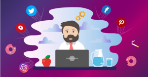 an image of a man in a cloud with social media icons , donuts and a cigarette surrounding the cloud to signify avoiding distractions