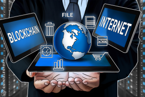 an image of a man holding a tablet with a globe and icons surrounding it with a tablet labelled blockchain on the left and internet on the right