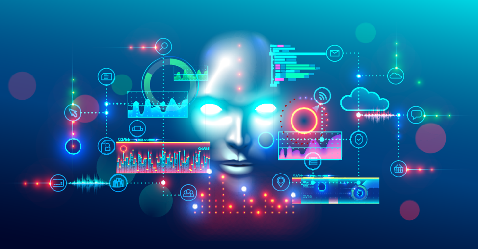 an image of a robotic face with glowing eyes surrounded by technical icons and graphs to signify how a.i. helps businesses improve brand image