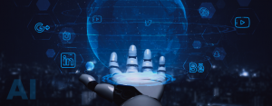 an image of a robotic hand holding up a technical globe that is surronded by social media icons to signify a.i. in online reputation management