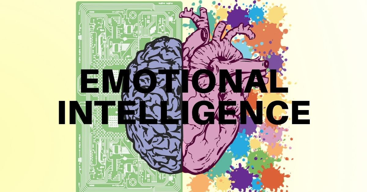 an image of a brain and a heart connected with a computer chip behind the brain and colors behind the heart to signify emotional intelligence and intelligence quotient
