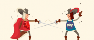 an image of a man with a ruby logo on his shirt sword fighting a man with a php logo on his shirt