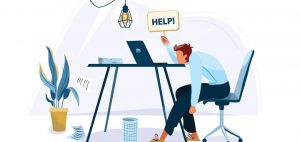 an image of a man sitting at his desk with his laptop holding up a help sign to signify productivity killers in a remote workplace