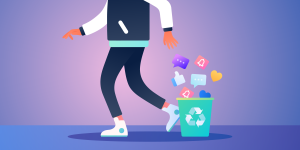 an image of a man walking away from distracting icons falling in the trash to signify the impact of distractions on remote work productivity