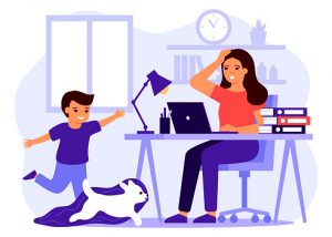 an image of a child making noise in front of a woman working remotely on her laptop to signify the impact of noise on remote work productivity